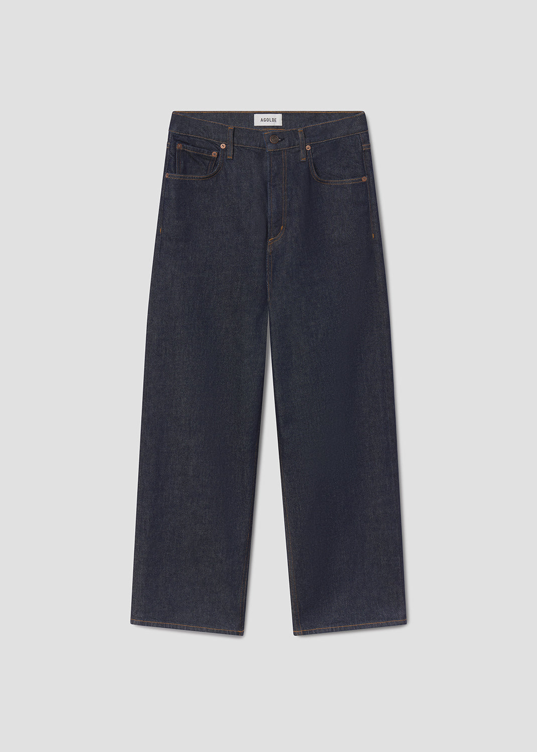 Dark blue jeans on a light gray background