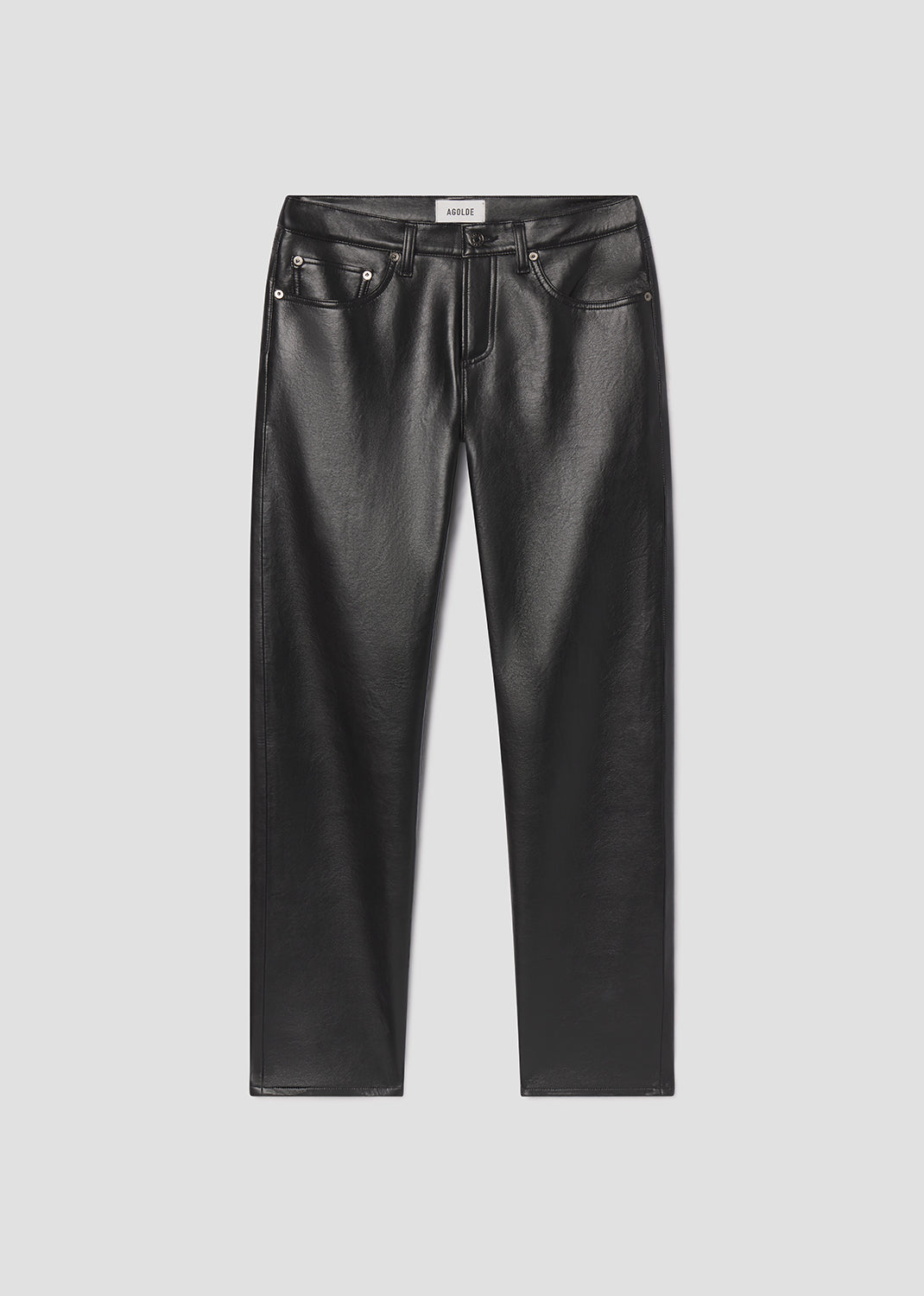 Black leather pants on a light gray background