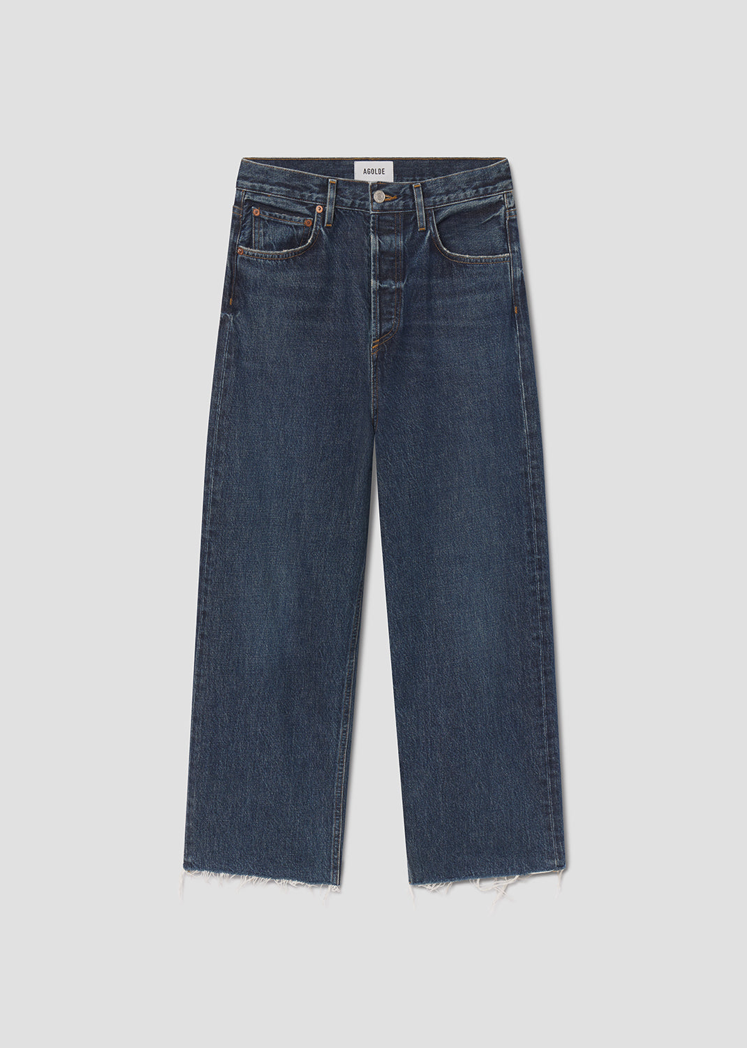 Pair of blue jeans on a light gray background