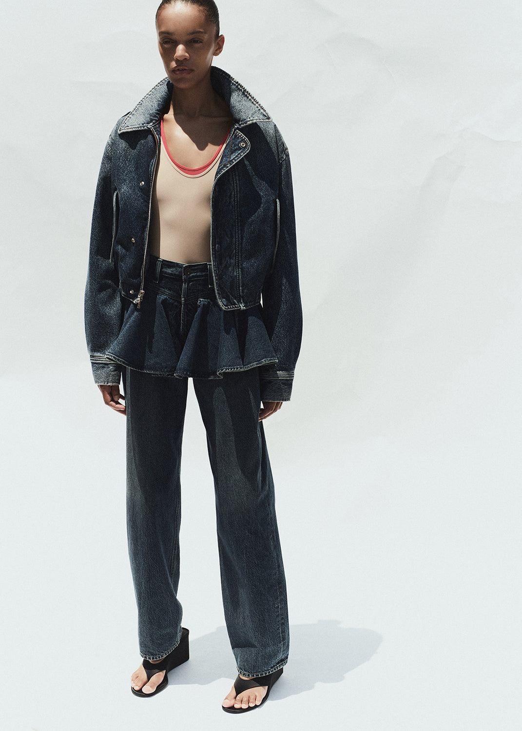 Peplum Jean SHane Jacket arcadia Tora bodysuit Nude and Vermilion
