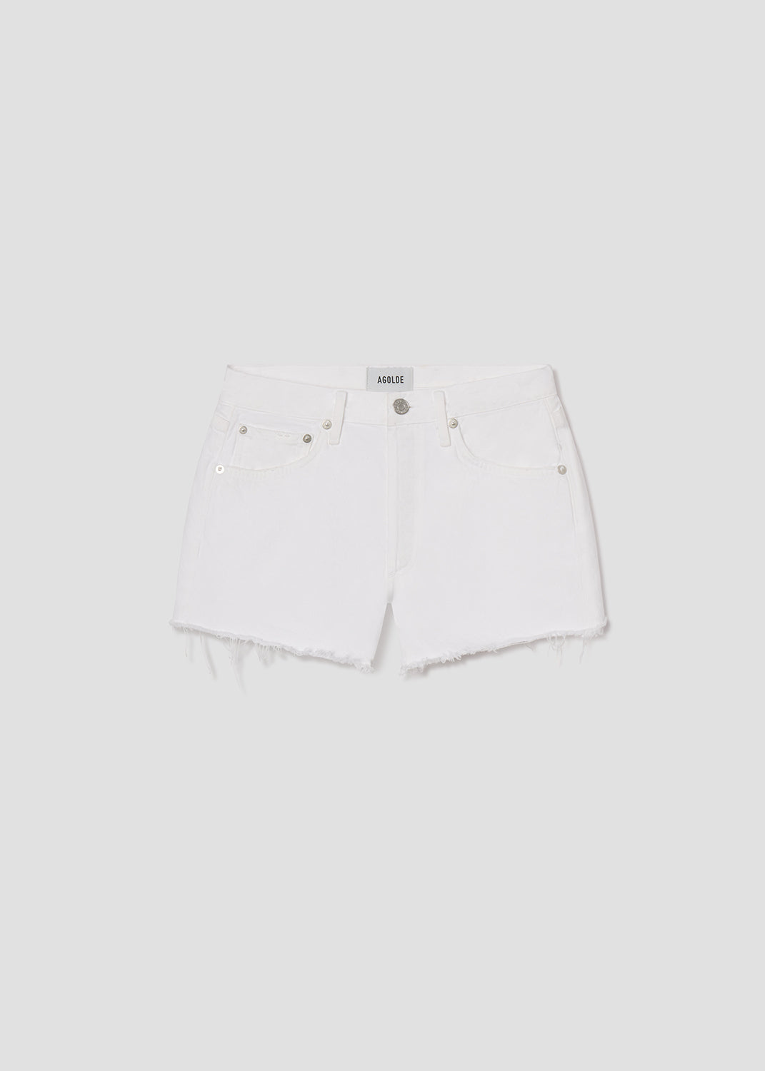 White denim shorts with a brand label on a light gray background
