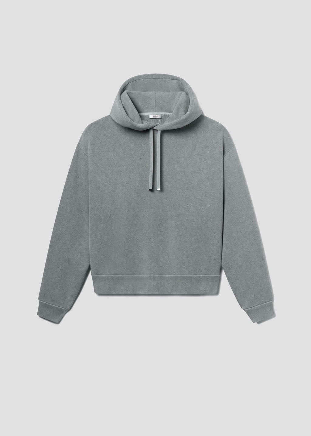 A gray green hoodie with a hood, long sleeves, and a drawstring.