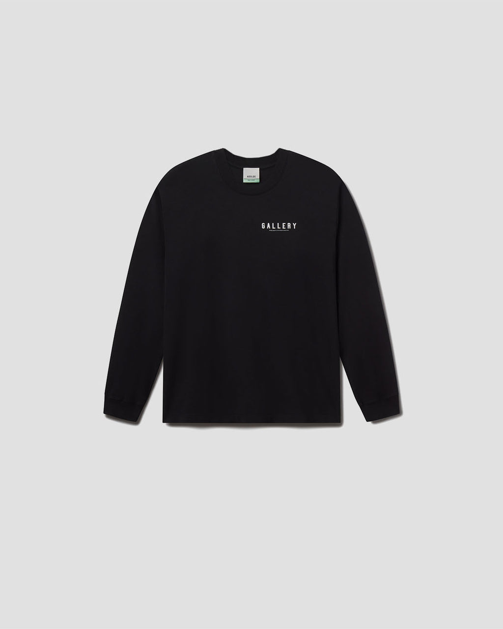 A black long-sleeve crewneck sweatshirt with 'GALLERY' printed in white text on the left chest, displayed against a light gray background.