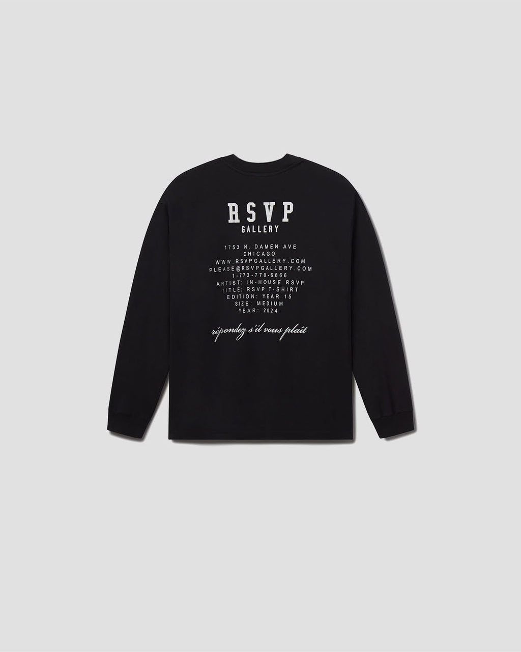 A black long-sleeve crewneck sweatshirt with white printed text on the back, featuring the brand name 'RSVP BOUTIQUE' and address details, displayed against a light gray background.