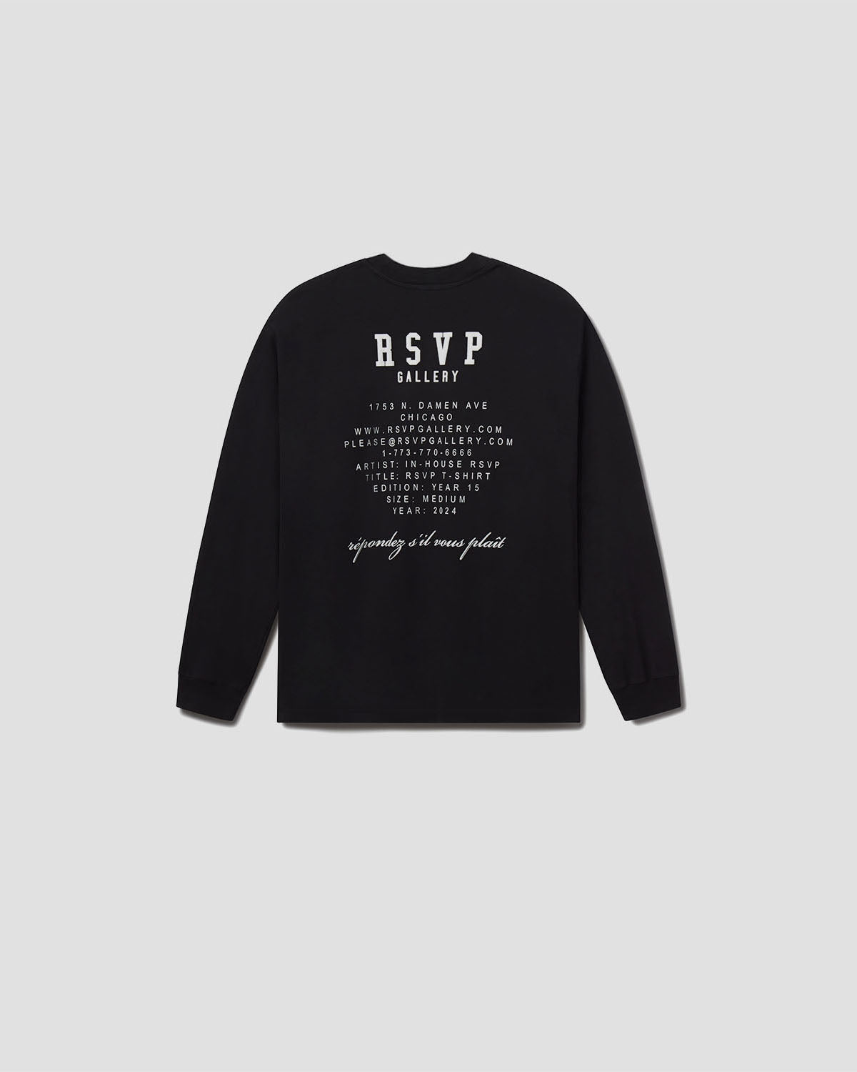 A black long-sleeve crewneck sweatshirt with white printed text on the back, featuring the brand name 'RSVP BOUTIQUE' and address details, displayed against a light gray background.