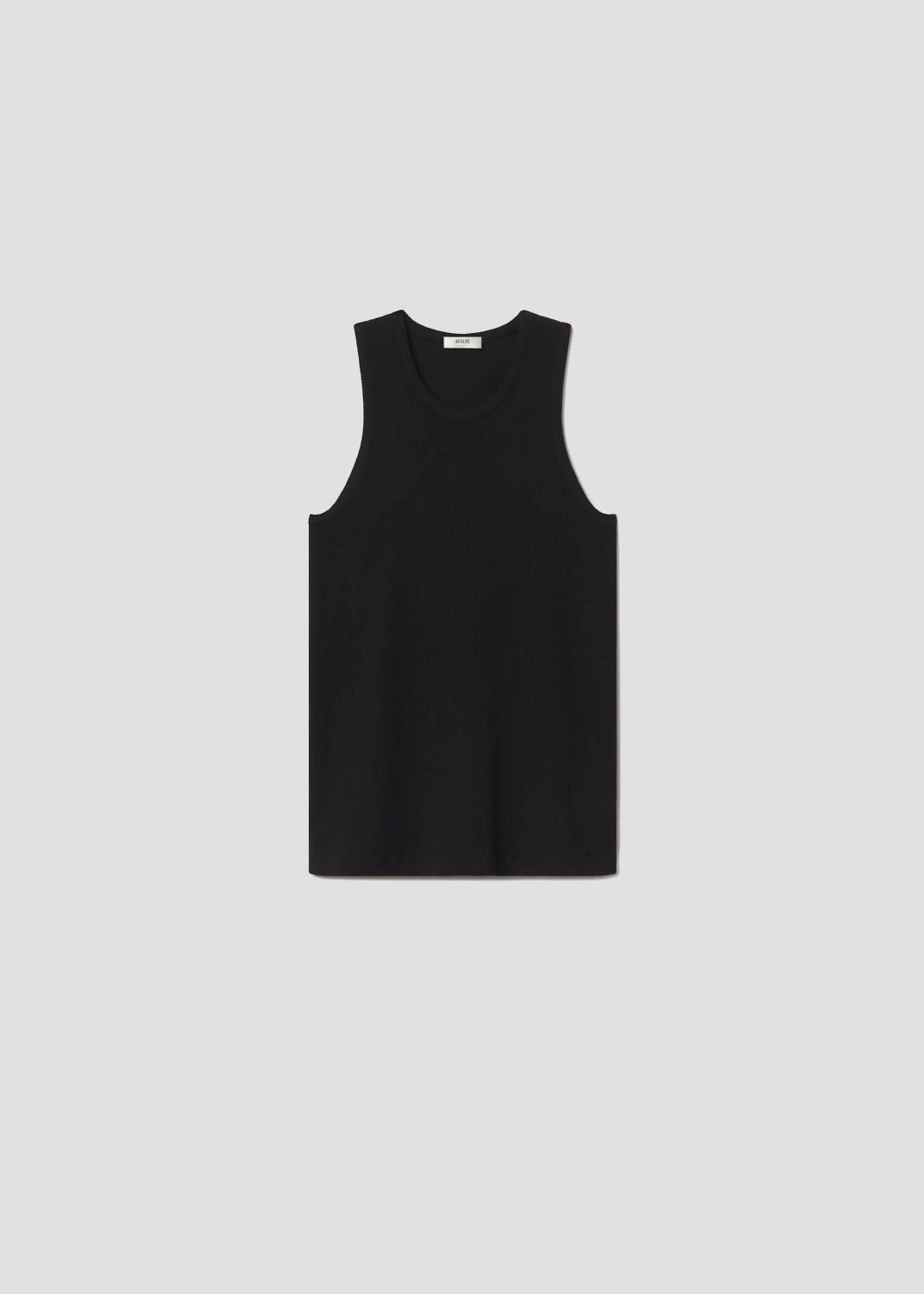 Black sleeveless top on a light gray background