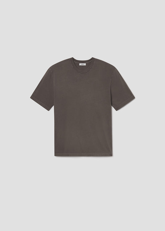 Plain dark grey t-shirt on a light grey background