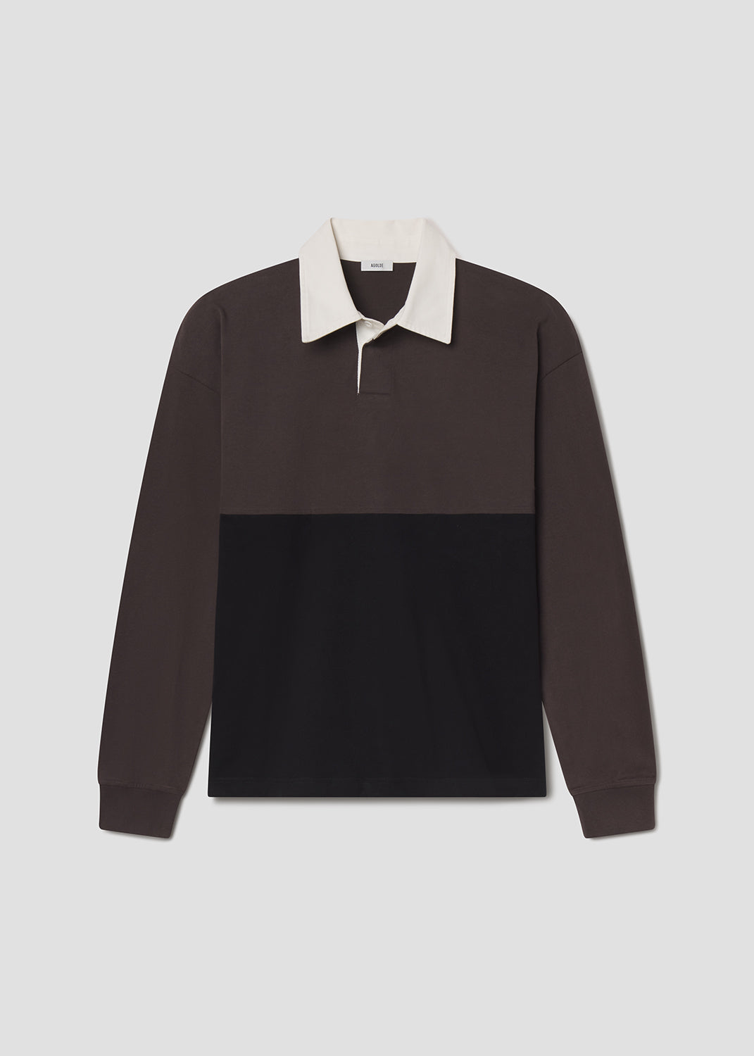Two-tone brown shirt with white collar on a grey background