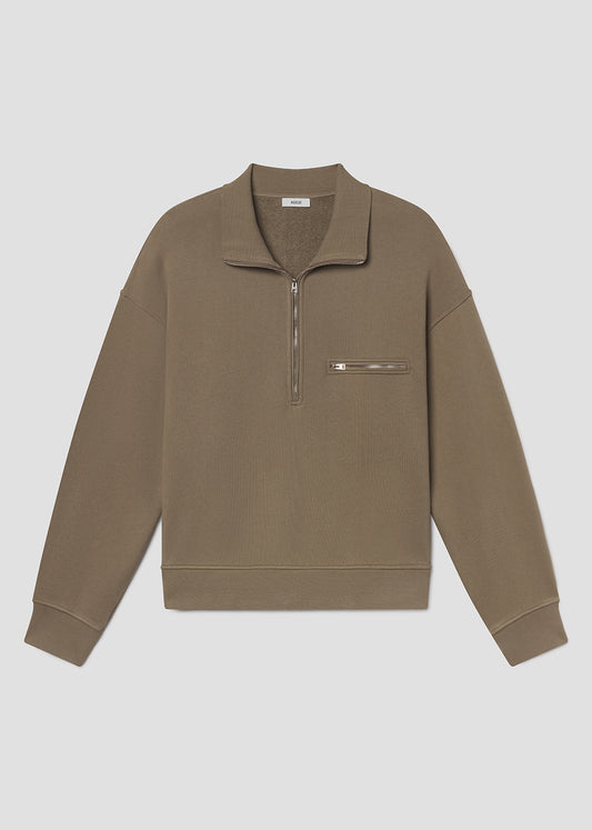 Flat lay shot of brown pullover with a zipper on a grey background