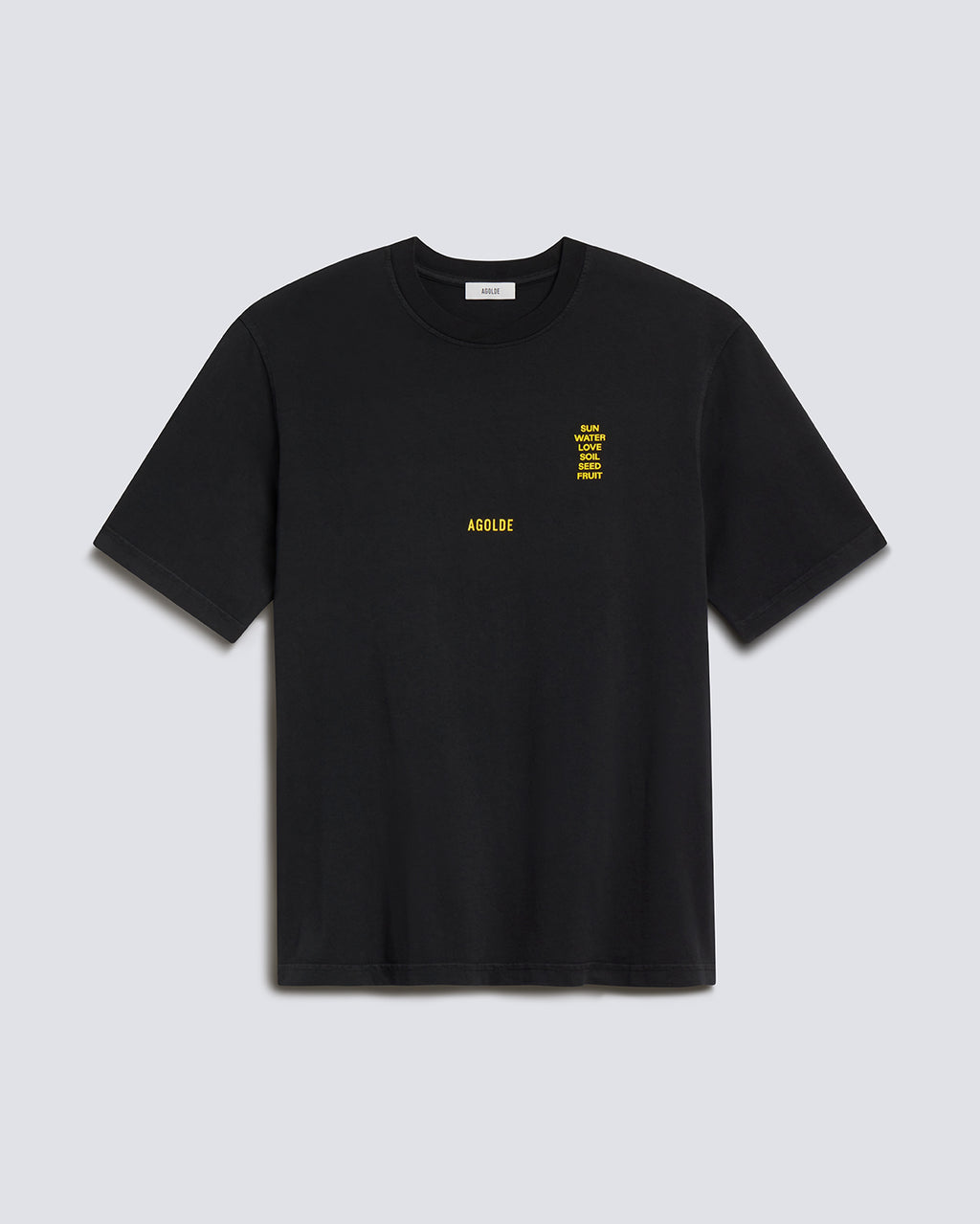A black short-sleeve crewneck t-shirt with yellow text graphics on the left chest, displayed flat against a light gray background.