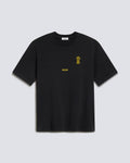 A black short-sleeve crewneck t-shirt with yellow text graphics on the left chest, displayed flat against a light gray background.