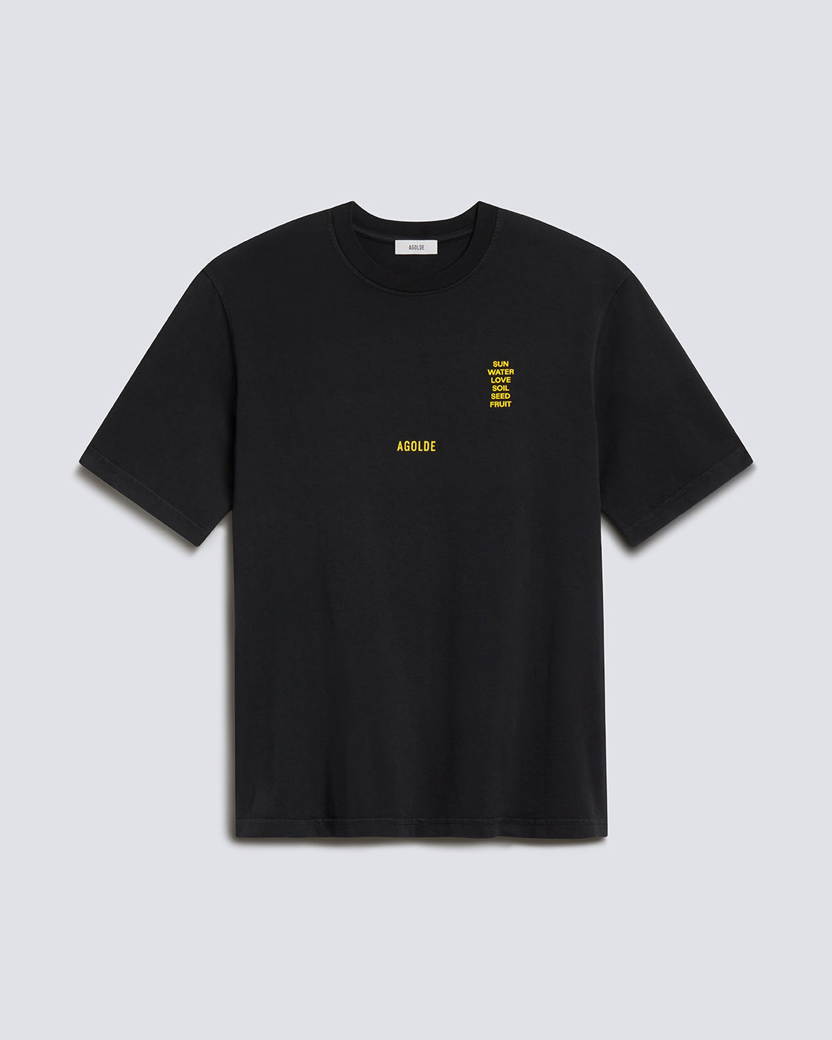 A black short-sleeve crewneck t-shirt with yellow text graphics on the left chest, displayed flat against a light gray background.