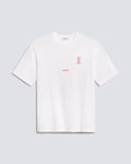 A white short-sleeve crewneck t-shirt with small red text graphics on the chest, displayed flat against a light gray background.