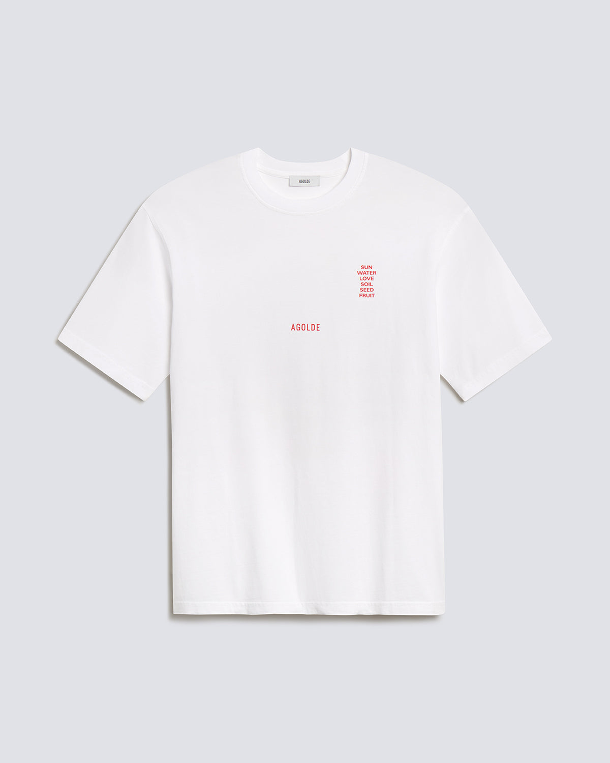 A white short-sleeve crewneck t-shirt with small red text graphics on the chest, displayed flat against a light gray background.
