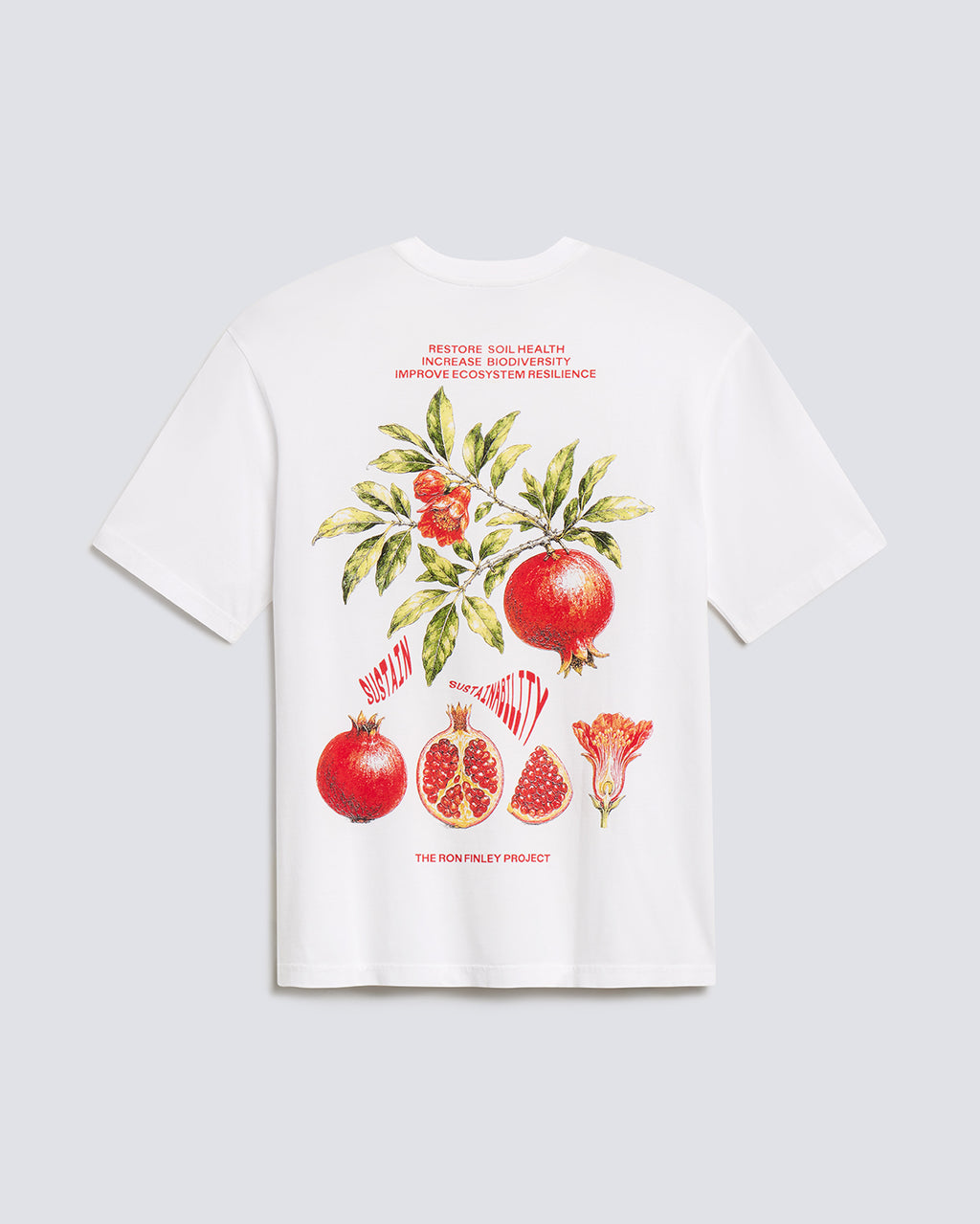 A white short-sleeve t-shirt with a detailed botanical graphic of pomegranates and leaves on the back, featuring red text and illustrations, displayed on a light gray background.