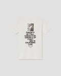 An off-white short-sleeve t-shirt with a black graphic print on the front, featuring a small photo of a hand holding a guitar above the text 'THROW IT UP, Y'all. THROW IT UP, I can't SEE YA CALIFORNIA LOVE' and '1976' at the bottom.