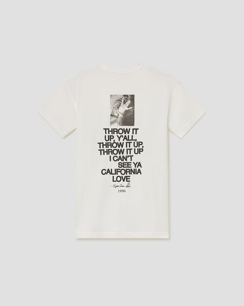 An off-white short-sleeve t-shirt with a black graphic print on the front, featuring a small photo of a hand holding a guitar above the text 'THROW IT UP, Y'all. THROW IT UP, I can't SEE YA CALIFORNIA LOVE' and '1976' at the bottom.