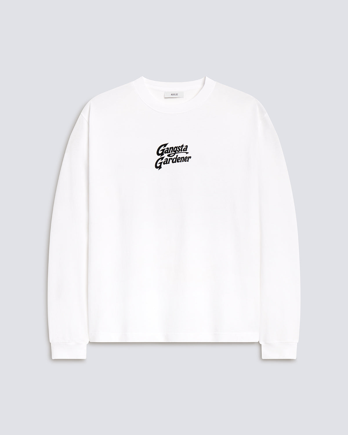A white long-sleeve crewneck sweatshirt with a black 'Gangsta Gardener' logo printed on the left chest, displayed on a light gray background.