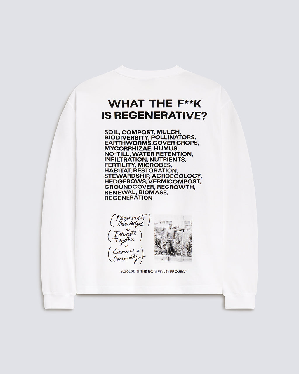 A white long-sleeve crewneck sweatshirt with a black graphic print on the back, featuring the text 'WHAT THE F**K IS REGENERATIVE?' and various composting and gardening terms, signed by Aggie & The Iron F*ck Project, shown on a light gray background.