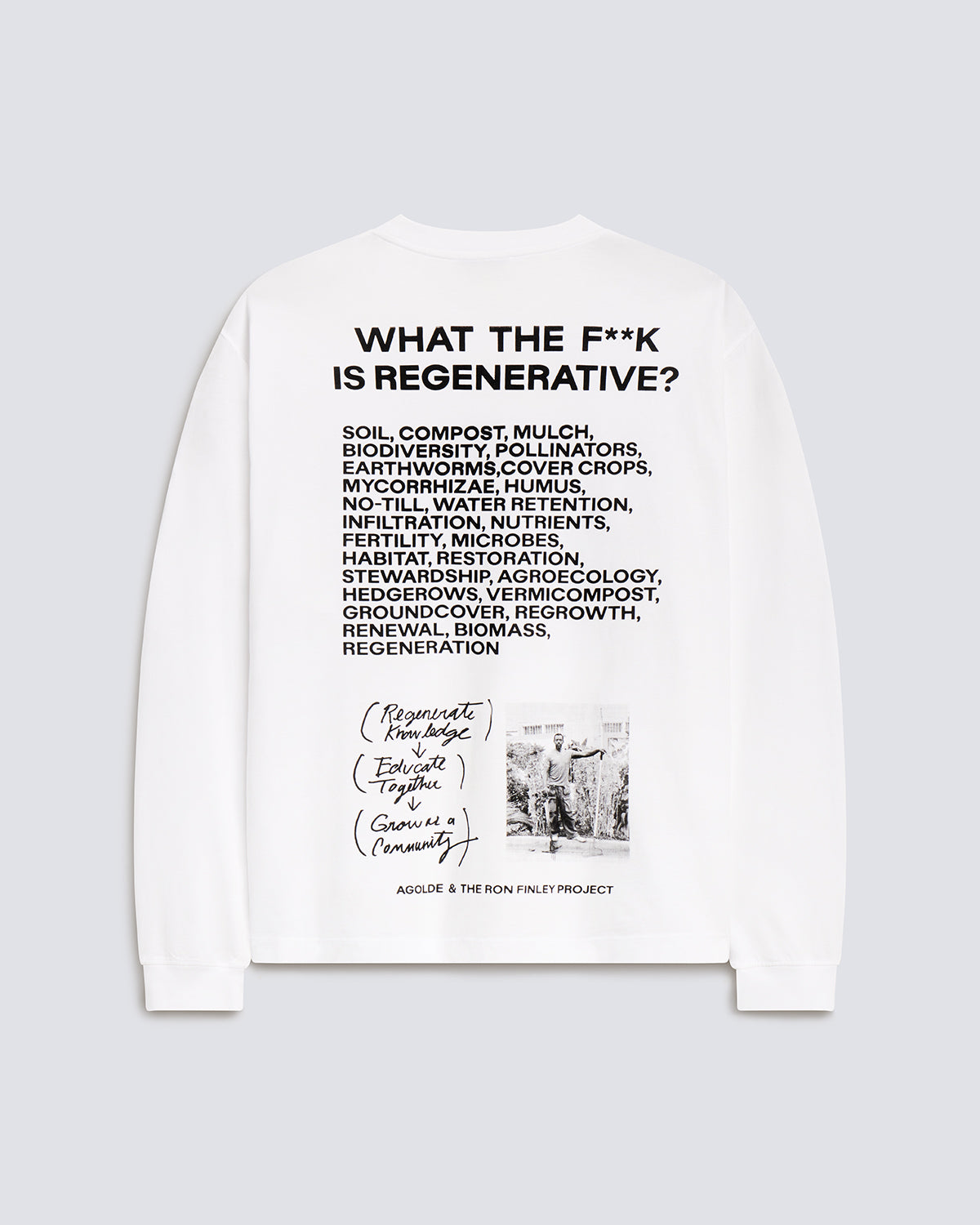 A white long-sleeve crewneck sweatshirt with a black graphic print on the back, featuring the text 'WHAT THE F**K IS REGENERATIVE?' and various composting and gardening terms, signed by Aggie & The Iron F*ck Project, shown on a light gray background.
