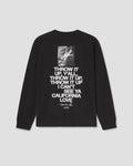 A black long-sleeve t-shirt with a white graphic print on the back, featuring a small black-and-white photo of Jim Morrison and the text 'THROW IT UP Y'ALL THROW IT UP I CAN'T SEE YA CALIFORNIA LOVE 1996' on a light gray background.