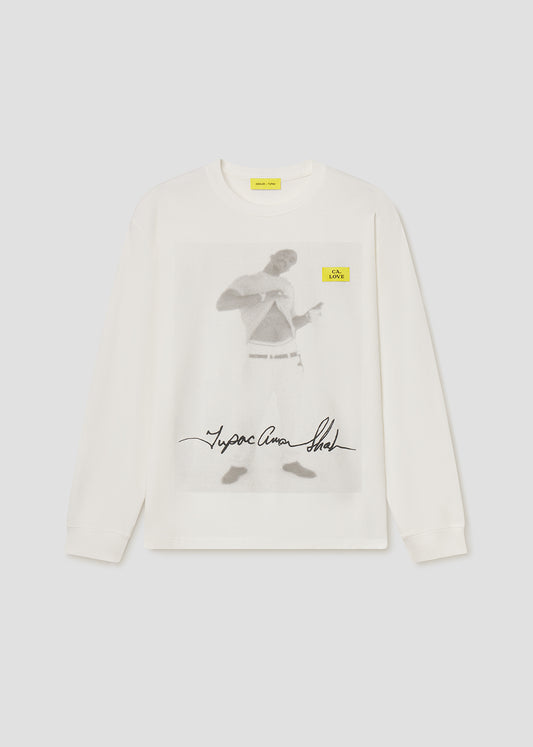 White long-sleeve shirt with graphic design and text on a white background