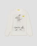 An off-white long-sleeve crewneck sweatshirt featuring a large graphic print of a man on the front, with a small yellow tag on the chest and a signature graphic below.