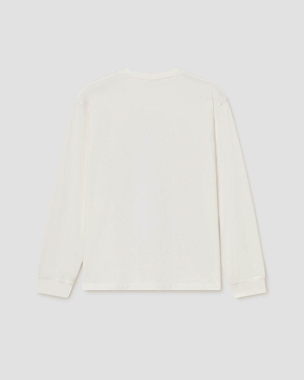 A plain long-sleeve crewneck shirt in off-white, shown from the back against a light gray background.