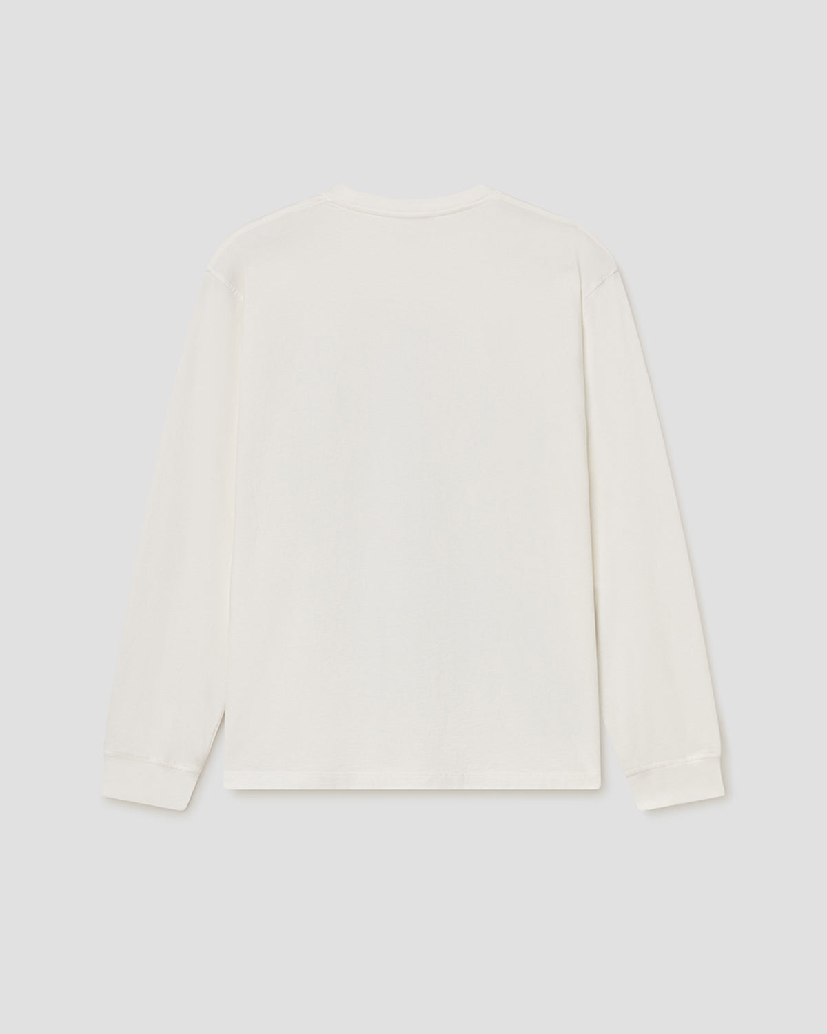 A plain long-sleeve crewneck shirt in off-white, shown from the back against a light gray background.