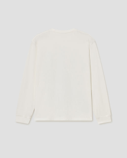A plain long-sleeve crewneck shirt in off-white, shown from the back against a light gray background.