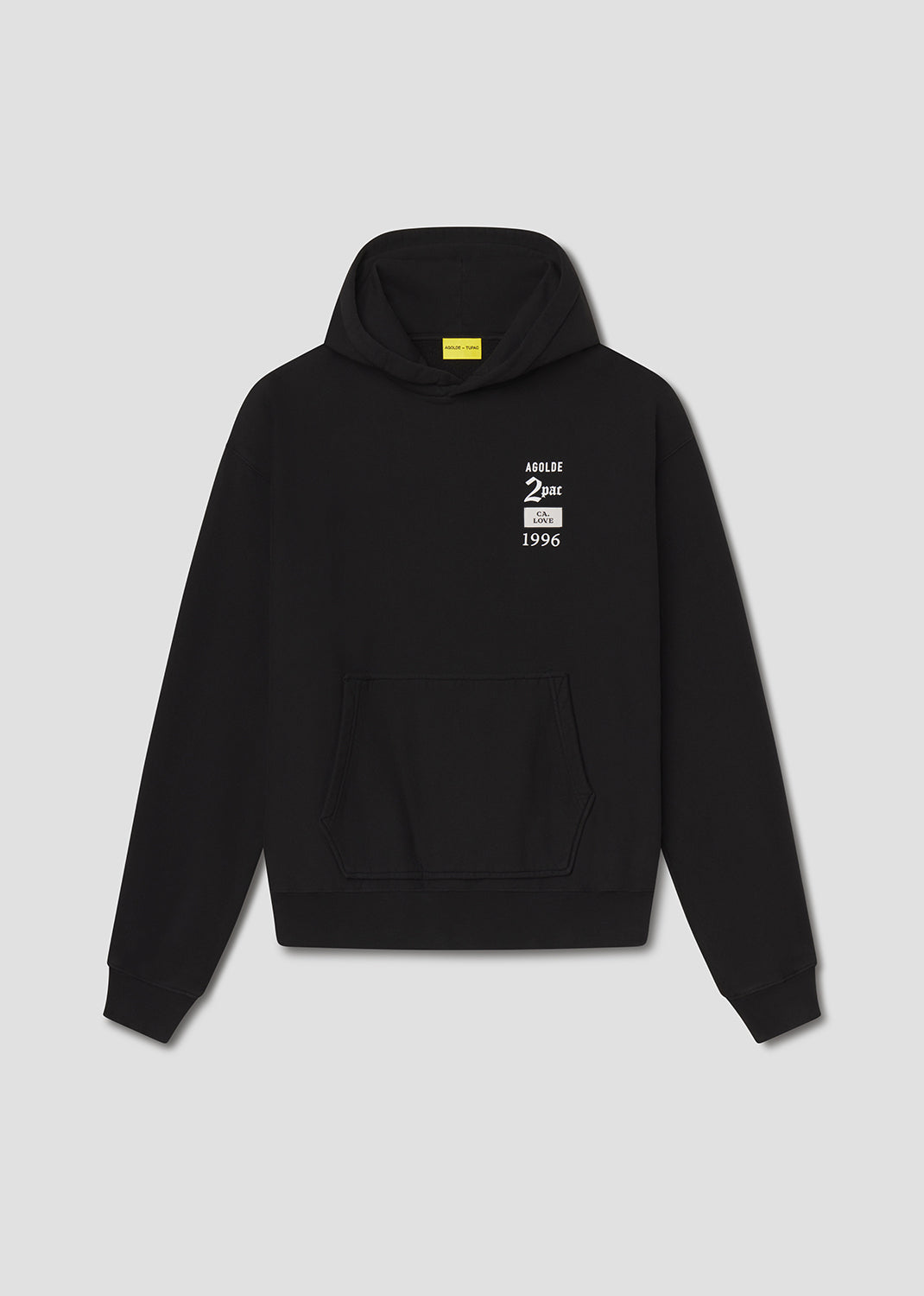 Black hoodie with text on the chest against a light gray background