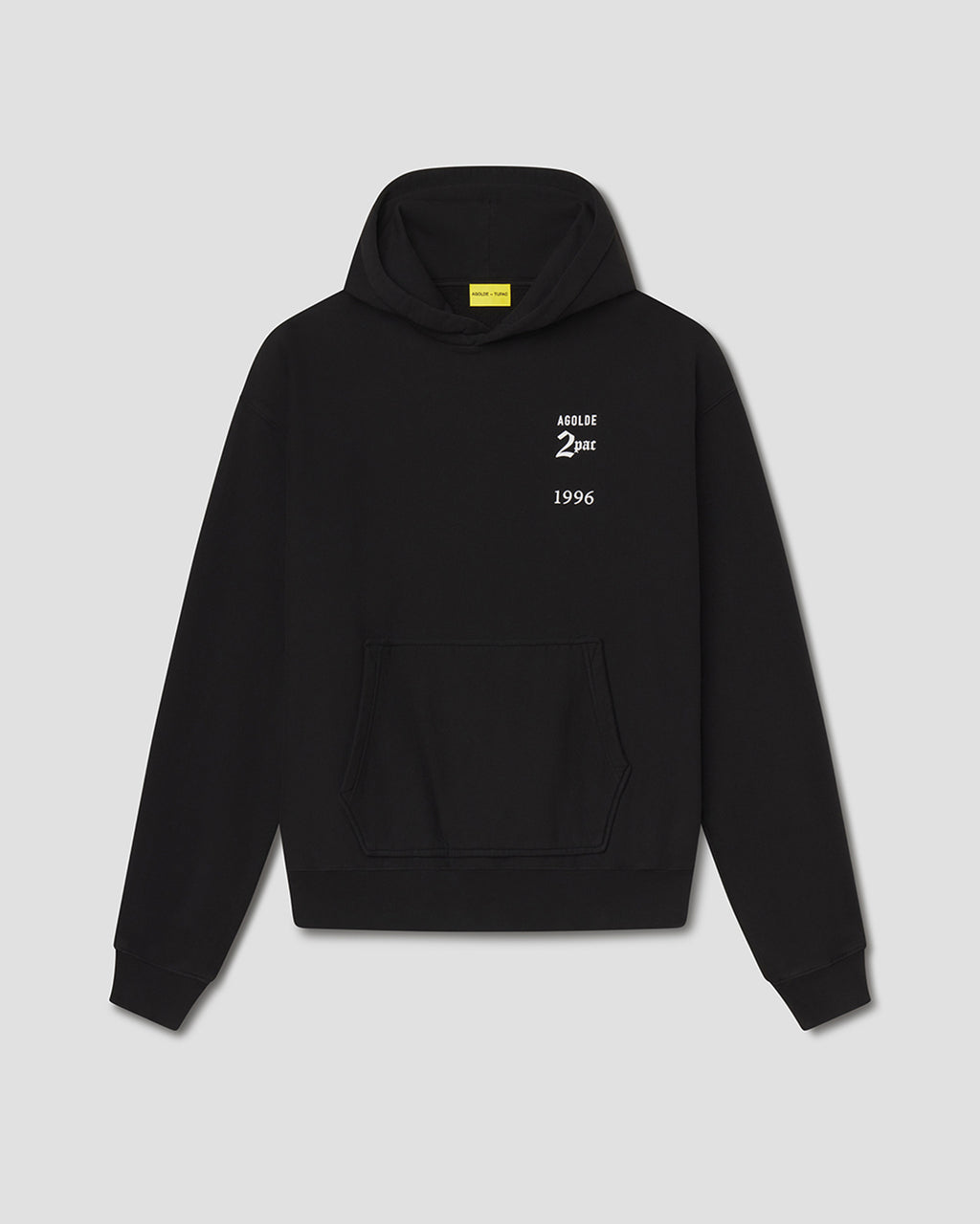 A black pullover hoodie with a small white graphic print on the left chest reading 'ARLIS 2nd 1996' and a small yellow label inside the collar, shown against a light gray background.