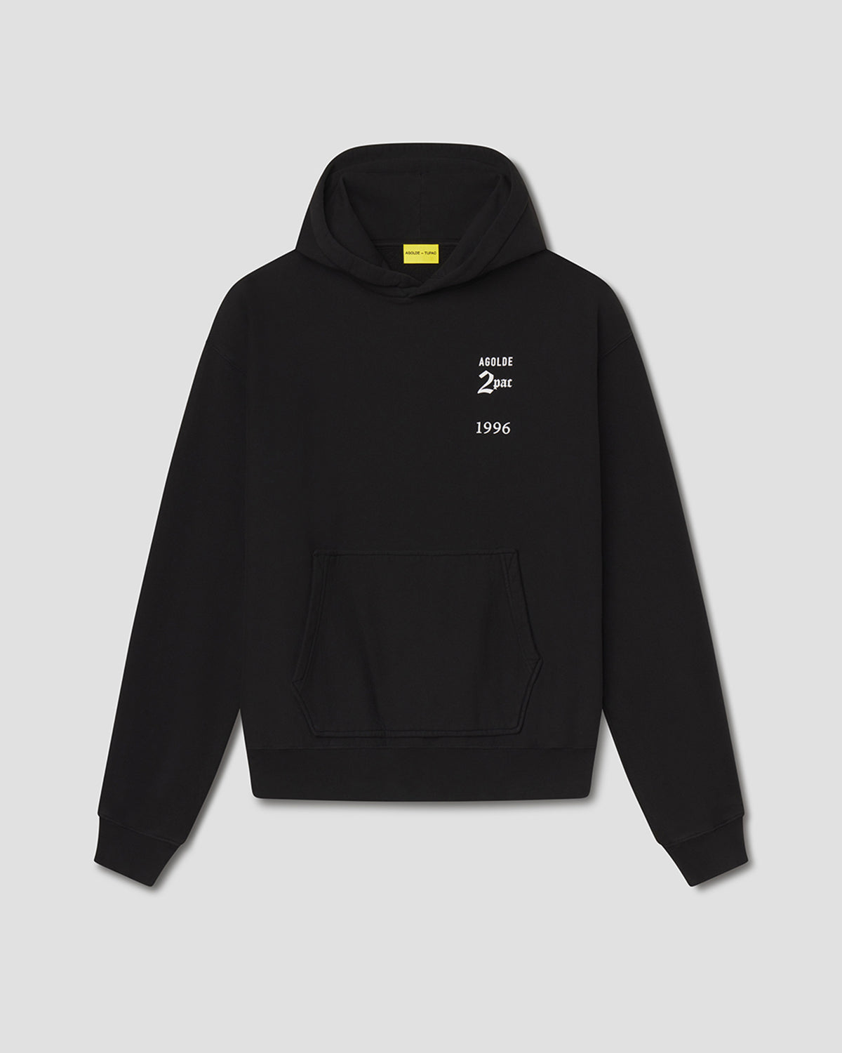 A black pullover hoodie with a small white graphic print on the left chest reading 'ARLIS 2nd 1996' and a small yellow label inside the collar, shown against a light gray background.