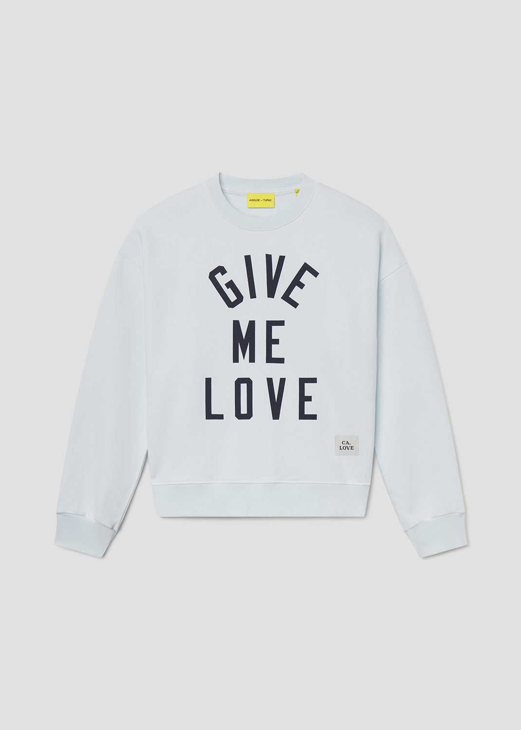 Light blue sweatshirt with 'Give Me Love' text on a light gray background