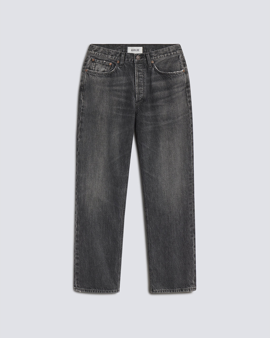 A pair of dark gray washed denim jeans shown flat against a light gray background.