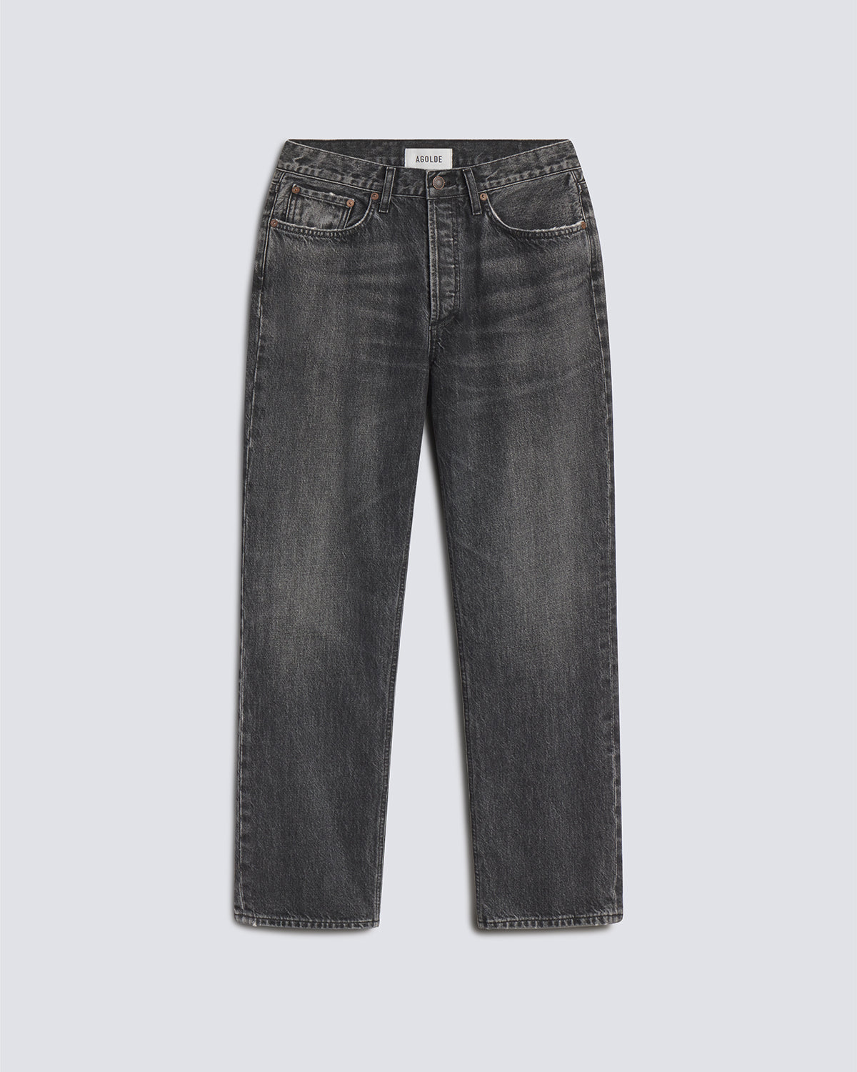 A pair of dark gray washed denim jeans shown flat against a light gray background.
