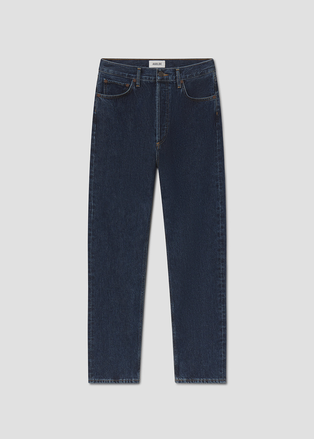 A pair of dark blue slim-fit jeans shown flat against a light gray background.