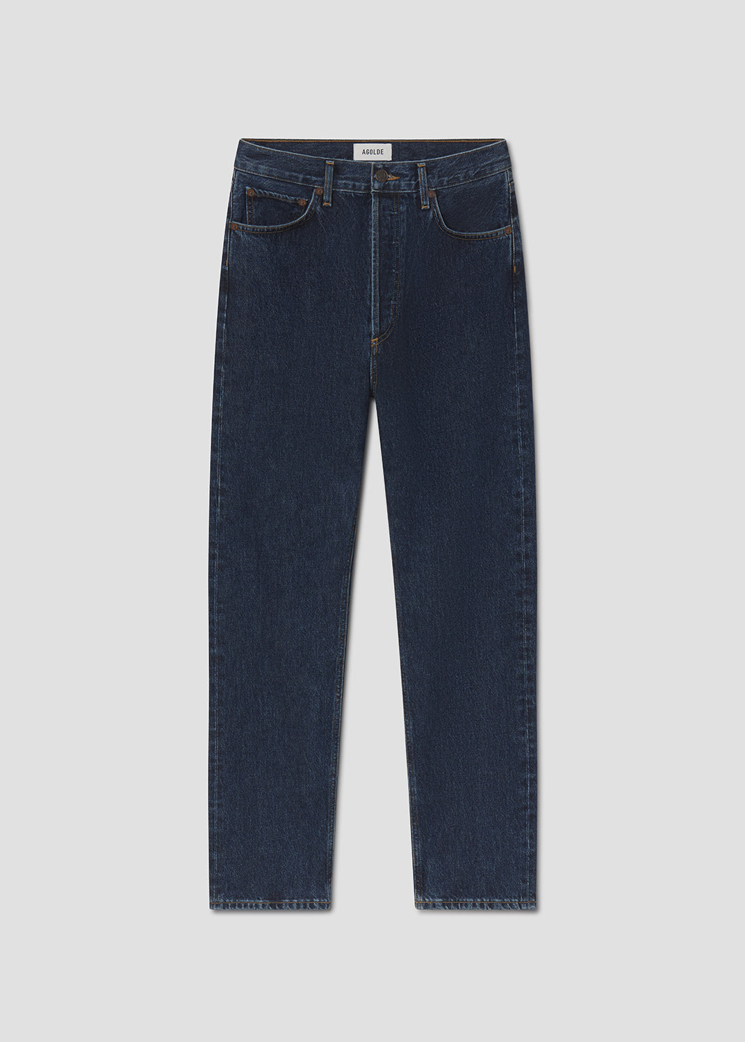 A pair of dark blue slim-fit jeans shown flat against a light gray background.