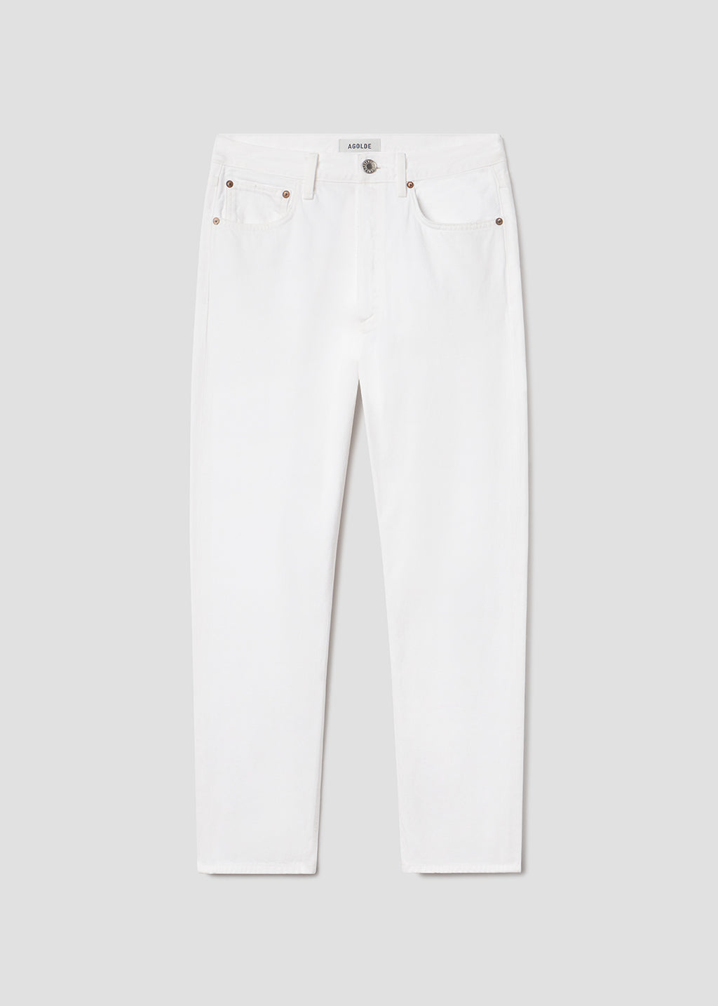 White slim-fit jeans with classic five-pocket styling and metal rivets, shown flat against a light gray background.