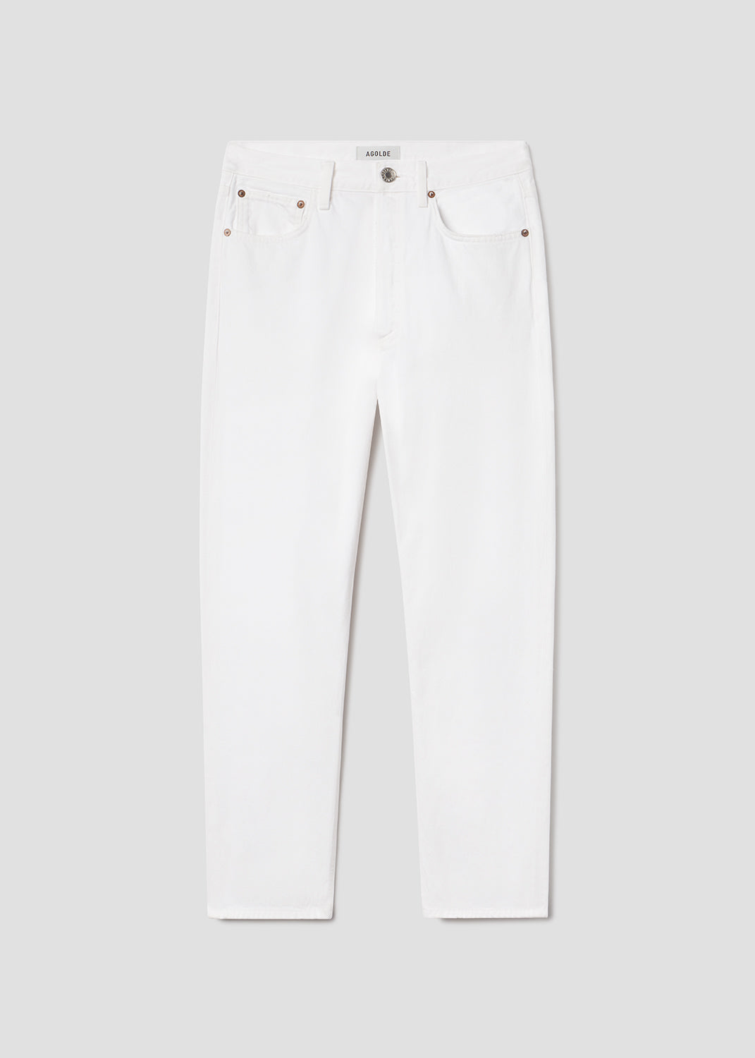 White slim-fit jeans with classic five-pocket styling and metal rivets, shown flat against a light gray background.