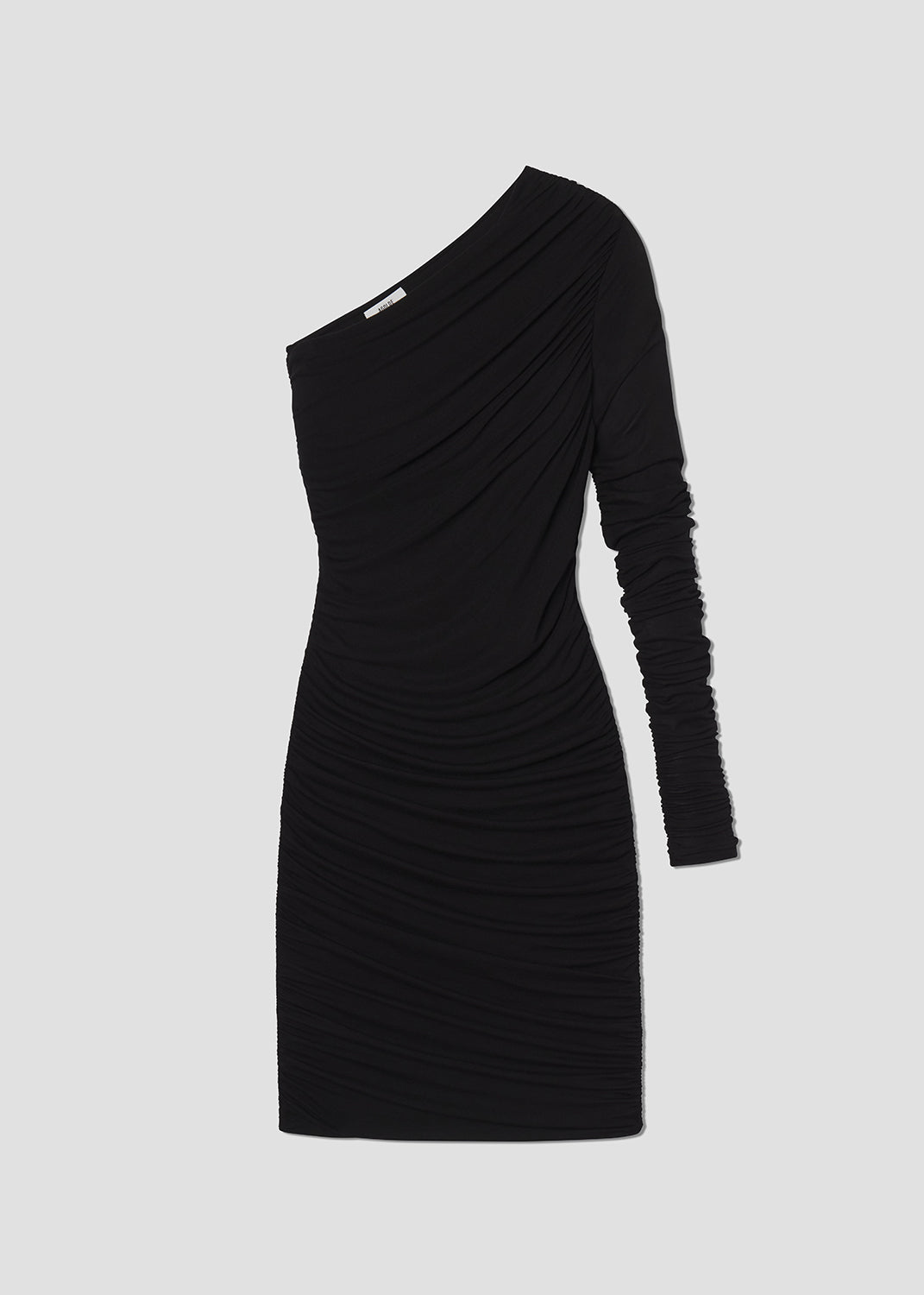 Black one-shoulder dress on a light gray background