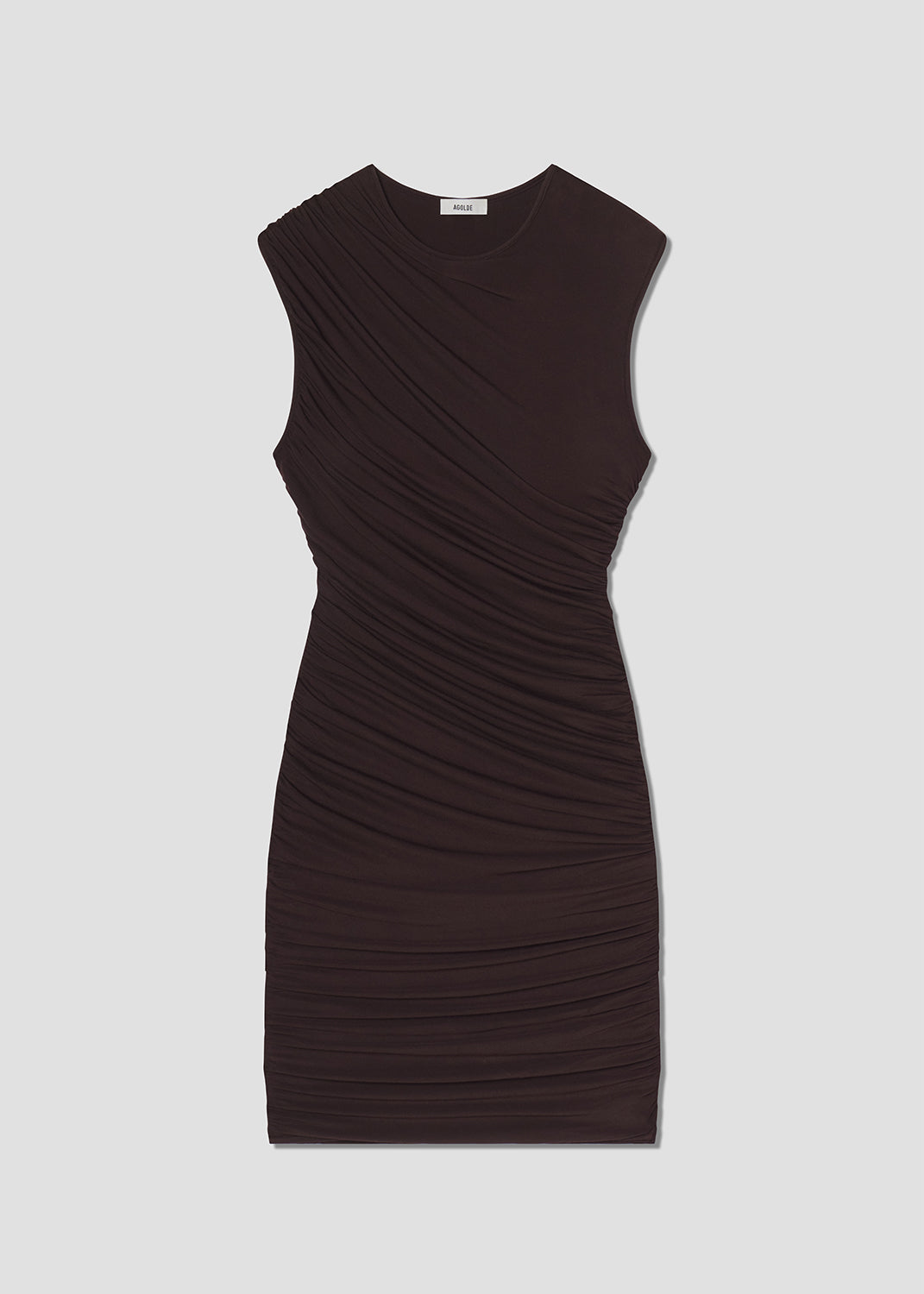 Brown dress with ruched design on a light gray background