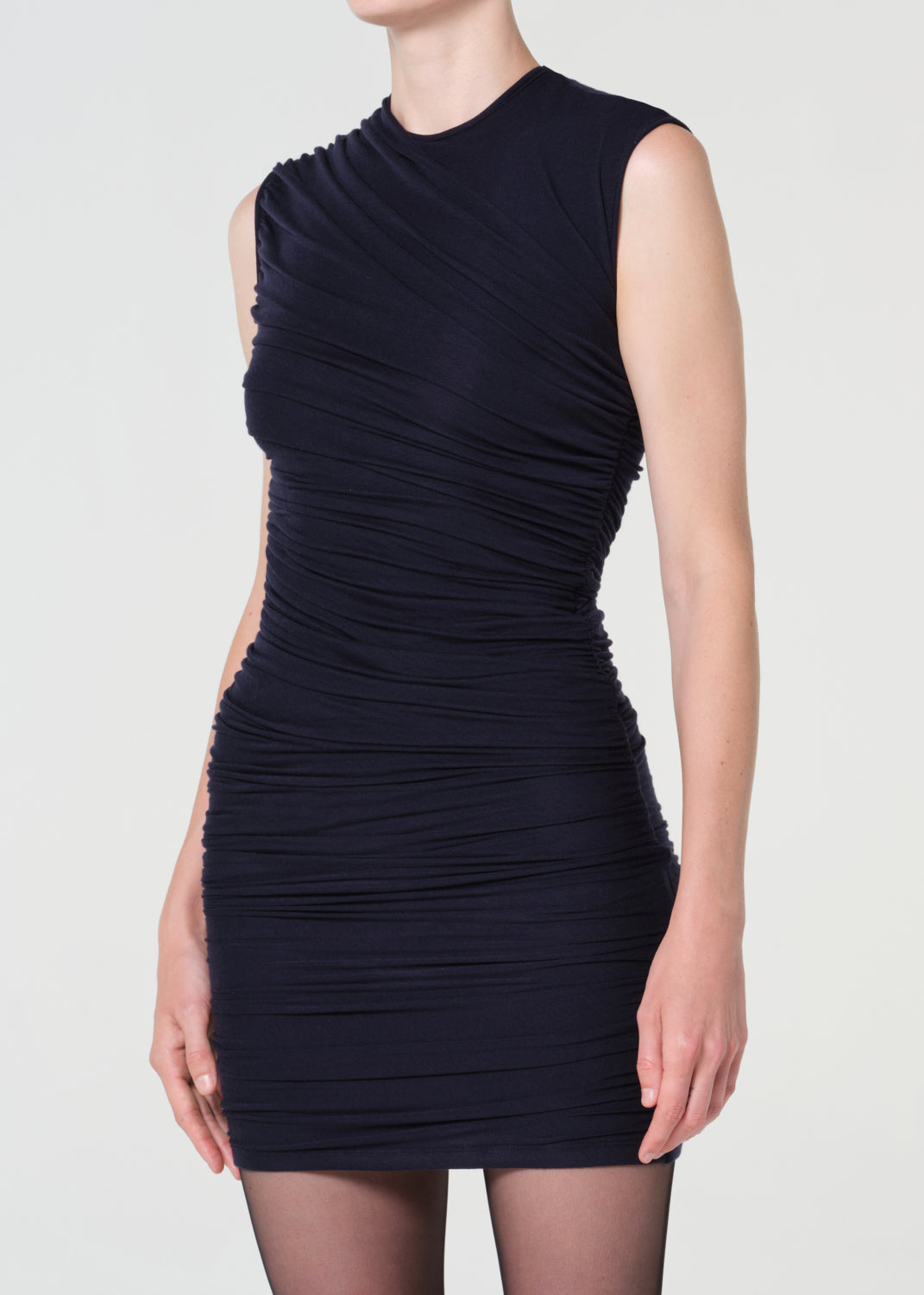 Navy blue ruched dress on a white background