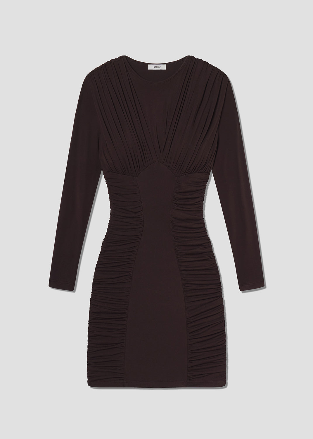 Dark brown dress with long sleeves on a light gray background
