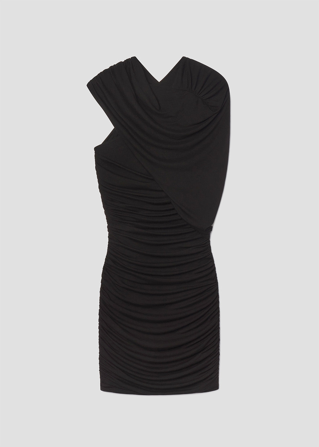 Black one-shoulder dress on a light gray background