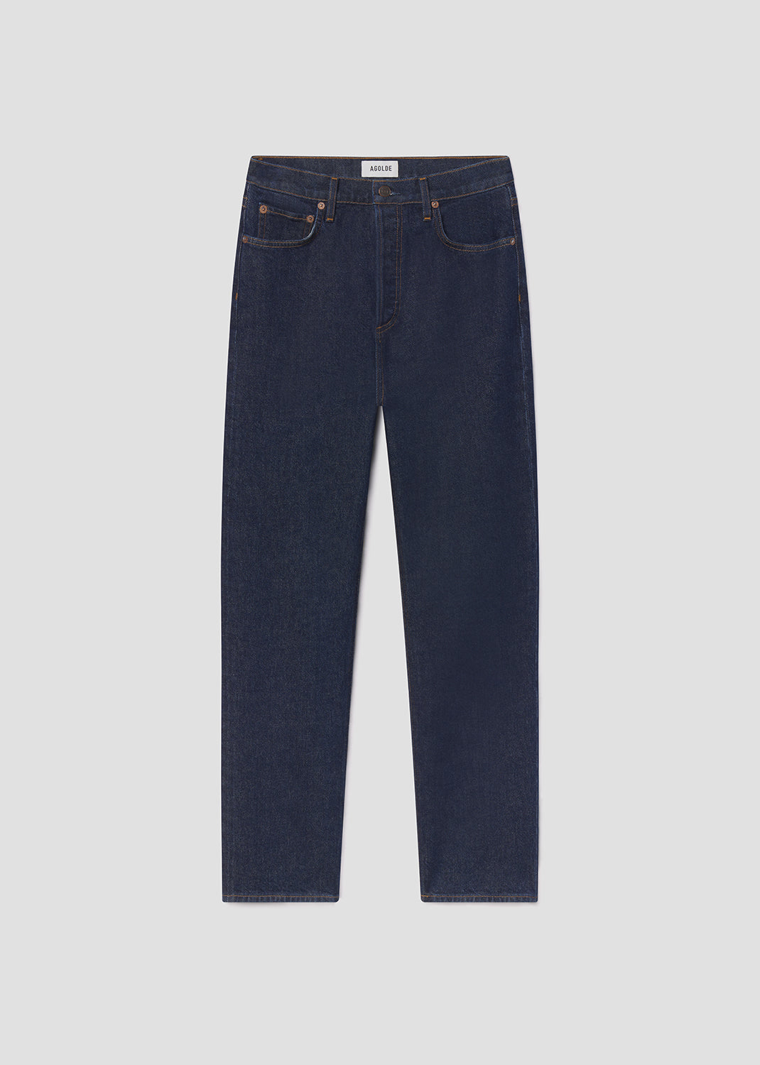 Pair of dark blue jeans on a light gray background