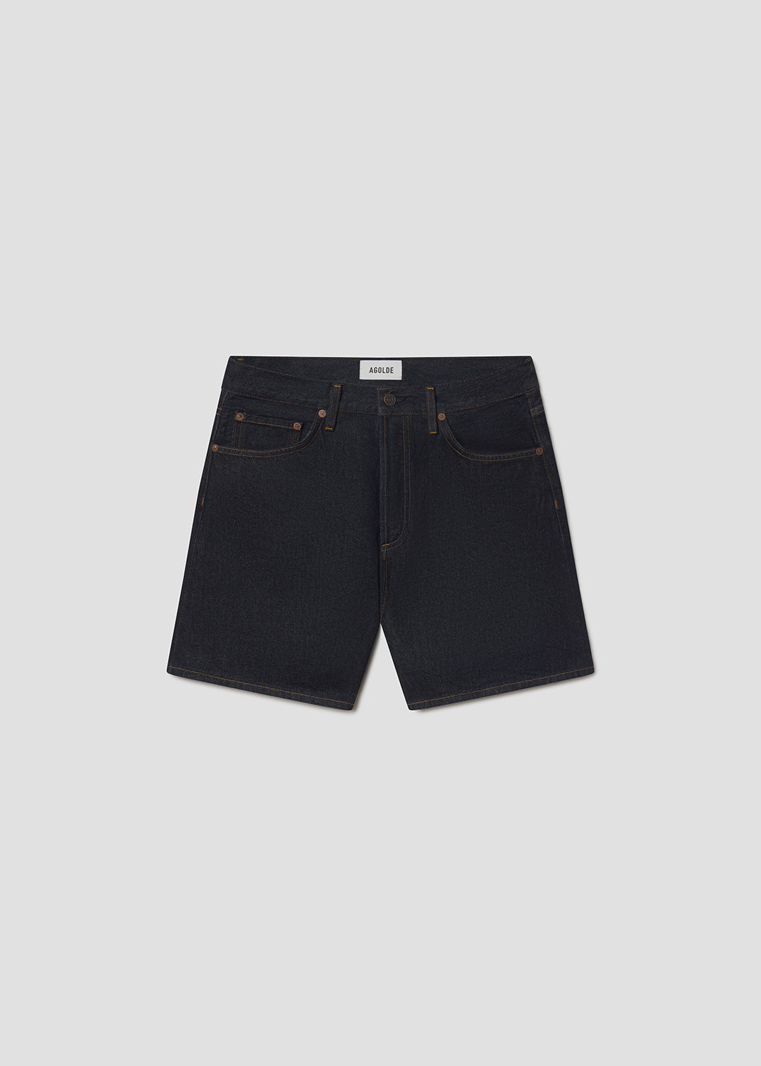 Black denim shorts on a light gray background