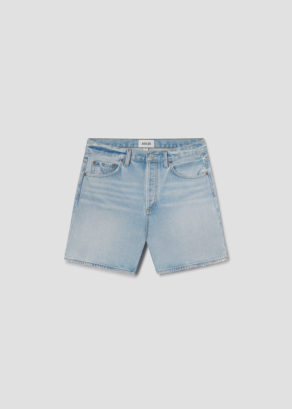 Light blue denim shorts on a light gray background