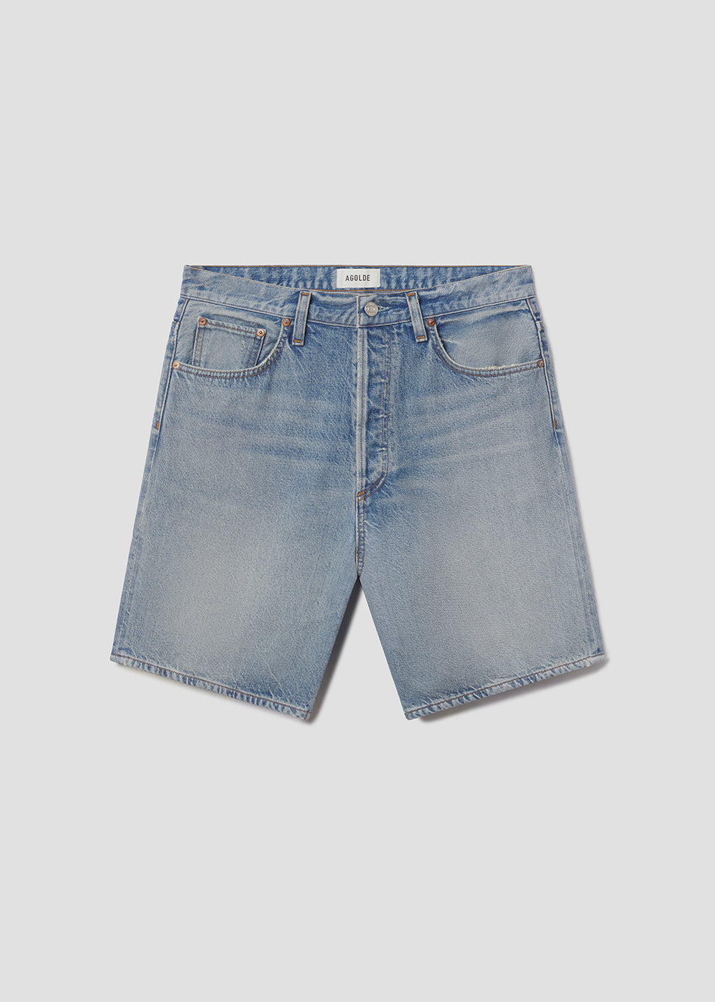 Light blue denim shorts on a light gray background