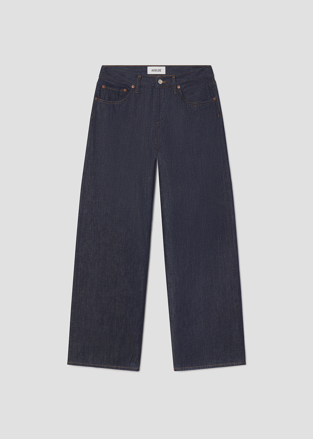 Pair of dark blue jeans on a light gray background